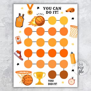 May include: A basketball-themed printable with the text "YOU CAN DO IT!" and "YOU DID IT!" in black. The design includes a basketball jersey, a basketball, a trophy, a whistle, and a stopwatch. The background is white with orange and yellow circles.