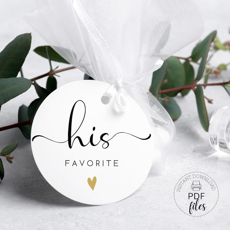 His/Her/Our Favorite Stickers Engagement Favor Labels Round White & Black Wedding Stickers with Gold Heart Instant Download PDF Files 画像 7