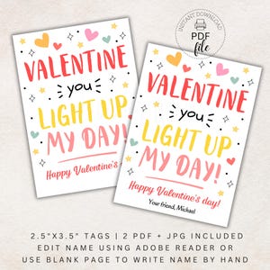 Etiquetas de presente para impressão Valentine You Light Up My Day, etiqueta personalizada Glow Stick Happy Valentine's Day 2,5" x 3,5", download instantâneo PDF + JPG