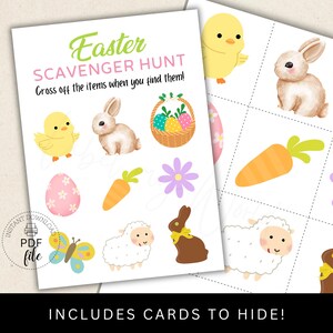 May include: Printable Easter scavenger hunt game with a checklist of items to find, including a bunny, chick, carrot, flower, and more.  The game includes cards to hide around the house or garden.