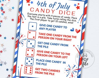 Puede incluir: Un juego imprimible de dados de caramelos del 4 de julio con un tema rojo, blanco y azul. Las instrucciones del juego se muestran sobre un fondo blanco con un borde decorativo. El texto incluye instrucciones para jugar.