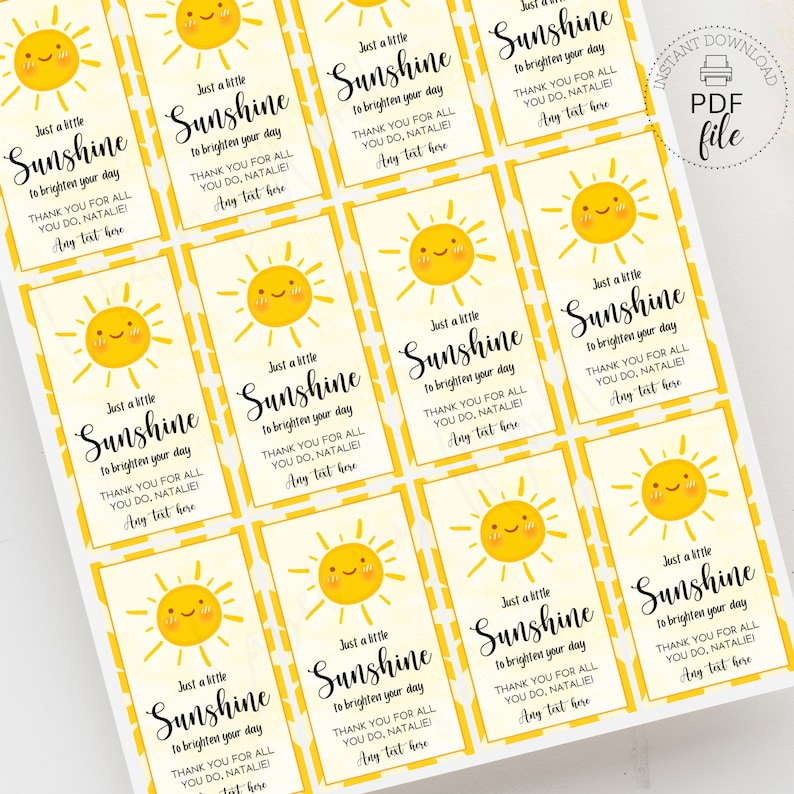 Printable/Personalized Just a Little Sunshine to Brighten your Day Thank You Gift Tags PDF