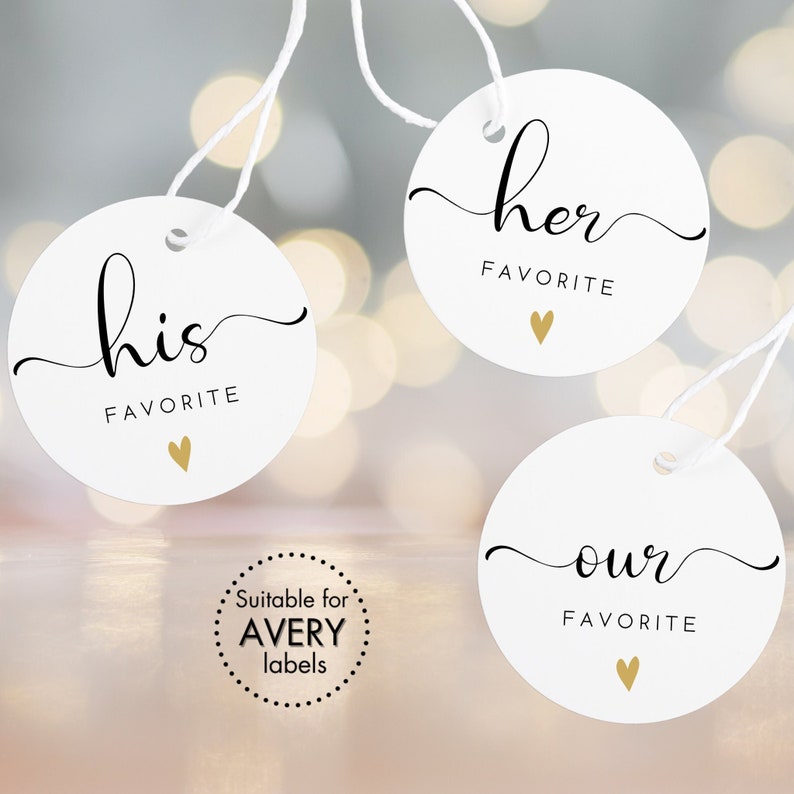 His/Her/Our Favorite Stickers Engagement Favor Labels Round White & Black Wedding Stickers with Gold Heart Instant Download PDF Files 画像 1