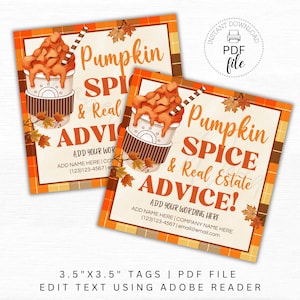 Printable Fall Realtor Pop By Tags, Pumpkin Spice & Real Estate Advice Gift Tag, Personalized Real Estate Referrals Pop By 3.5x3.5 Tags PDF