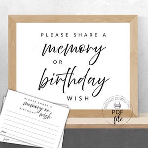 May include: A framed sign with the text "PLEASE SHARE A memory OR birthday WISH" in elegant script. A stack of matching cards is in front of the sign. The sign also includes a "PDF file" icon.