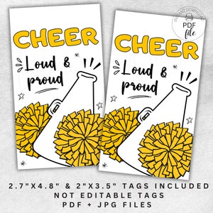 Wydrukuj Cheer Loud & Proud Yellow PomPoms Megaphone Tags, Tag drużyny cheerleaderek 2.7"x4.8" + 2"x3.5" Sports Team Gift Tags Pliki PDF + JPG