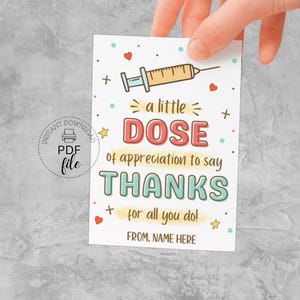 Etichetta regalo stampabile "Una piccola dose di apprezzamento", etichetta regalo personalizzata per la settimana dell'apprezzamento degli infermieri, etichetta regalo per la settimana degli infermieri, PDF + JPG