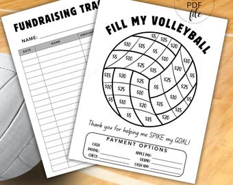 Puede incluir: Dos archivos PDF imprimibles blancos de tamaño A4. Uno es un rastreador de recaudación de fondos con campos para nombre, fecha e importe. El otro es un rastreador de donaciones con temática de voleibol con importes de 5 a 25 €. El texto dice "Fill My Volleyball".