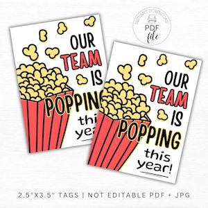 Printable Popcorn Treat Tags, Our Team Is Popping This Year Gift Tags, Team Appreciation 2.5x3.5 Tags, Sports Team/Cheer/Dance Tag PDF + JPG