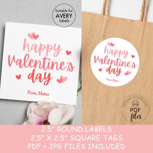 Druckbare glückliche Valentinstag Tags | Personalisierte 2,5-Zoll-Runde Etiketten & quadratische Geschenkanhänger | Valentinstag Leckerli-Etikett | Sofortiger Download PDF