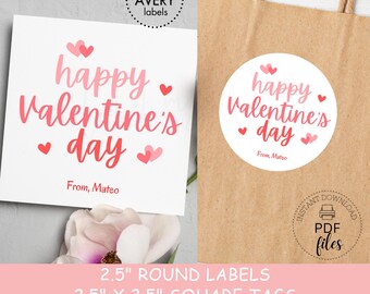 Printable Happy Valentine&#39;s Day Tags | Personalized 2.5&quot; Round Labels & Square Favor Tags | Valentine&#39;s Day Treat Tag | Instant Download PDF