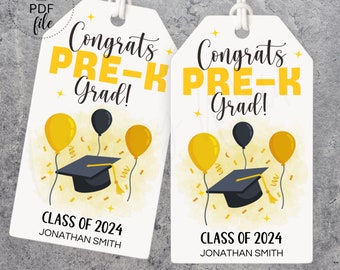 Printable Pre-Kindergarten Tag, Personalized Congrats Pre-K Grad Class of 20XX, Elementary School Graduation Favor Tag, Instant Download PDF