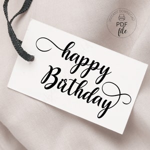 Etiqueta de regalo minimalista de feliz cumpleaños / Etiqueta de regalo de cumpleaños imprimible / Etiqueta colgante elegante en blanco y negro, fuente/letras swash, descarga instantánea en PDF