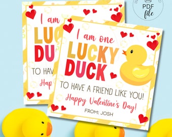 I Am One Lucky Duck Valentine's Day Gift Tag | Printable Classroom Favor Tag | Personalized Valentine Cards for Kids | Instant Download PDF