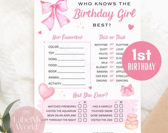 Juego de primer cumpleaños con lazo rosa: Coquette, ¿quién conoce mejor a la cumpleañera? (Descarga PDF)