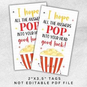 Étiquette du jour du test de pop-corn, étiquette cadeau imprimable de motivation, J'espère que toutes les réponses vous viennent en tête, étiquettes pour collation porte-bonheur 2 x 3,5 PDF