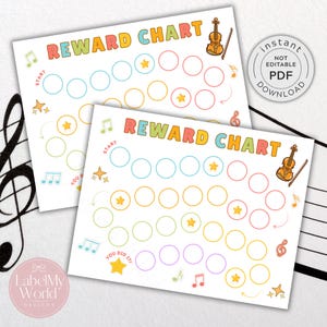 May include: Two colorful reward charts with musical themes. Each chart has the words "REWARD CHART" at the top, with circles for tracking progress. Musical notes, stars, and a violin are also featured. The charts are labeled "Instant PDF Download".