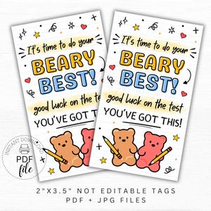 Tag stampabili per snack a forma di orsetti gommosi per il giorno del test, in classe, è il momento di fare del tuo meglio, tag "Buona fortuna per il test, ce l'hai fatta", PDF + JPG