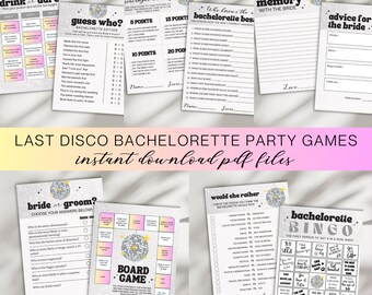 Afdrukbare Last Disco Bachelorette Game Bundle, Last Disco Theme Party Games bruid, 10 vrijgezellenfeest 5"x 7" spellen, pdf direct downloaden