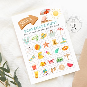 May include: A white printable beach scavenger hunt game with colorful illustrations of beach-themed items. The game includes the text "Beach Scavenger Hunt" and "Cross off the items when you find them!" with a PDF file download icon.
