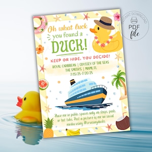 Afdrukbaar cadeaulabel Tropical Cruising Duck, Oh What Luck You Found a Duck Gepersonaliseerd label, label voor cruiseschip-eend 2,5 x 3,5, pdf-bestand directe download