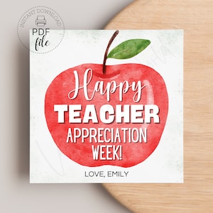 May include: A red apple with a green stem and leaves, with the text "Happy Teacher Appreciation Week! Love, Emily" on a white background.