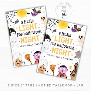 Afdrukbare Halloween Glow Stick Holder-tags, een beetje licht voor Halloween-nacht 2,5 x 3,5-kaart, Halloween-feestje gunsttag pdf + JPG