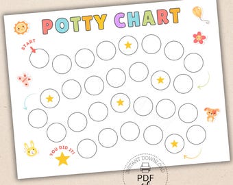 Può includere: Un grafico per il vasino bianco con le parole "POTTY CHART" in lettere colorate. Il grafico presenta cerchi per monitorare i progressi, adesivi a forma di stella e simpatiche illustrazioni di un sole, una farfalla, un fiore, un coniglietto, un cane e un palloncino. Sono incluse anche le parole "START" e "YOU DID IT!"