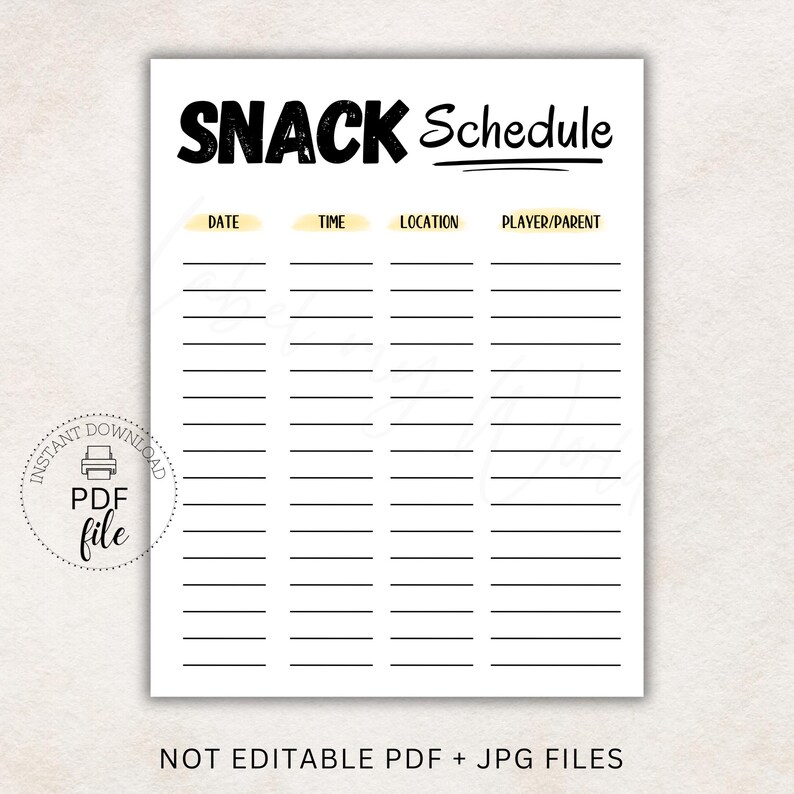 Snack List Fillable Printable Easy Snack Schedule Template 8.5