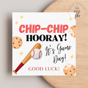 Baseball-Chip Chip Hooray! Es ist Spiel Tag Viel Glück Quadrat Geschenkanhänger | Druckbare Spiel Tag Baseball Team Leckerli Tags | Sofort Download PDF