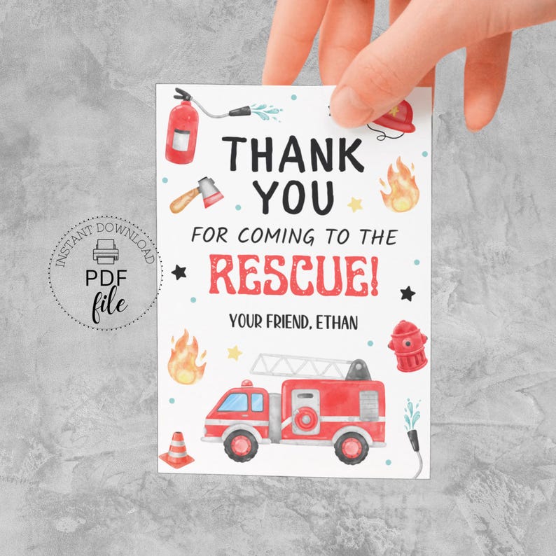 Printable Firetruck Birthday Party Favor Tag, Personalized Thank You ...