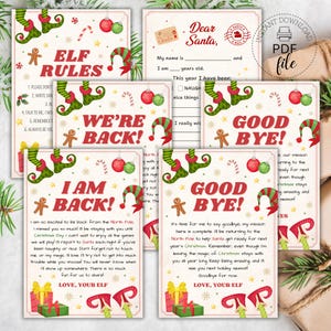 May include: A collection of printable Christmas-themed cards with elf-related messages and designs. The cards feature text like "Elf Rules," "We're Back," and "Good Bye," along with festive illustrations of elves, gifts, and ornaments.