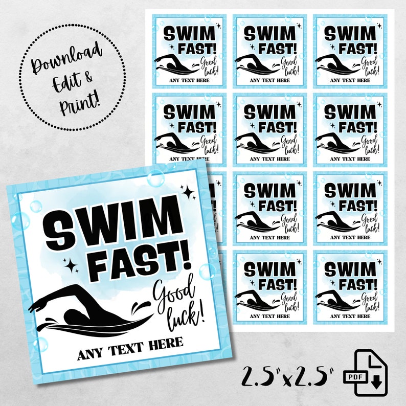 Swim Racing Tag Printable Swim Fast Tags | Personalized Swimming Competition Good Luck ...