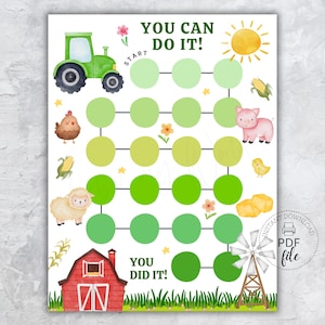 May include: A watercolor-style reward chart featuring farm animals and a green tractor. The chart includes the text "YOU CAN DO IT!" and "YOU DID IT!" with a series of green circles for tracking progress. A red barn and windmill are also depicted.