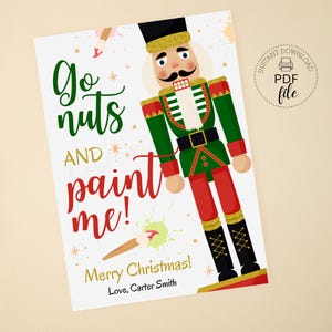 Etiqueta de presente de Natal quebra-nozes para impressão, escola/professor/sala de aula Go Nuts & Paint Me 2,5x3,5 Etiqueta de lembrança de feriado, download instantâneo PDF + JPG