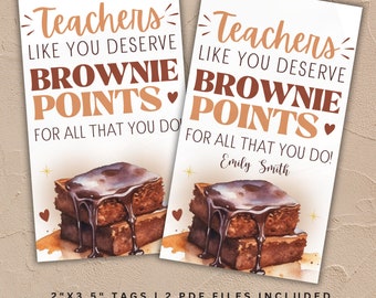 Brownie punten leraar waardering cadeau tag, afdrukbare/gepersonaliseerde chocolade school dank u gunst tag, direct downloaden, 2 PDF-bestanden