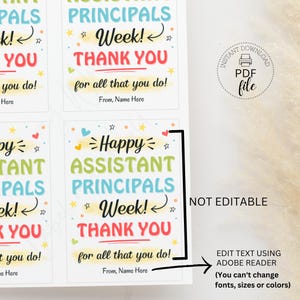 Op de afbeelding: Printbare bedankkaartjes voor de week van de assistent-directeuren. De kaartjes zijn kleurrijk en bevatten de tekst "Happy Assistant Principals Week! Thank You for all that you do!" met een ster- en hartdesign. De tekst "From, Name Here" staat onderaan het kaartje.