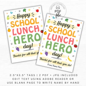 Druckbare Happy School Lunch Hero Day Geschenkanhänger, Cafeteria Danke für alles, was du tust Personalisierte Leckerbissen Tags, Sofort Download PDF + JPG