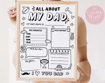 Puede incluir: Una hoja de actividades imprimible en blanco y negro titulada ALL ABOUT MY DAD en un marco de madera clara. El diseño incluye secciones para completar el nombre, favoritos, un retrato, trabajo y frases, decorado con iconos como un balón y un trofeo.