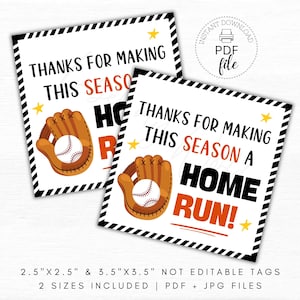 Baseball End Of Season druckbare Geschenkanhänger, Danke, dass du diese Saison zu einem Home Run Tag gemacht hast, Spieltag Snack Anhänger, Sofortiger Download PDF + JPG