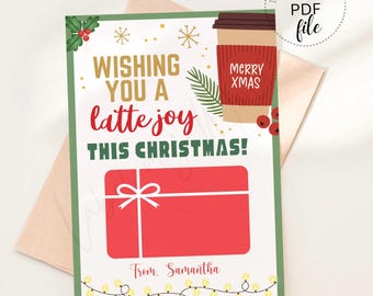 Plantilla imprimible para porta tarjetas de regalo de café navideño / Te deseo un café con leche esta Navidad Porta tarjetas de regalo personalizado / Descarga instantánea