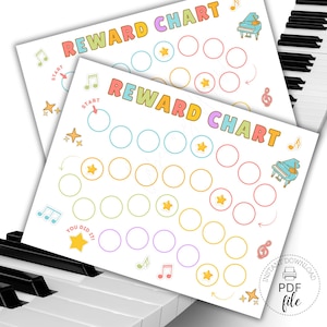 Utskrivbar belöningstabell för piano för barn, färgglad klistermärkestabell för musikinstrument, övningstabell för piano för barn, direktnedladdning i PDF-format