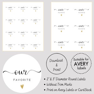 His/Her/Our Favorite Stickers Engagement Favor Labels Round White & Black Wedding Stickers with Gold Heart Instant Download PDF Files 画像 8