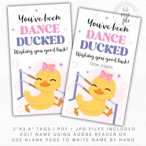 Tanz Ente Tags, personalisiert Tanzen Ducked Good Luck Dance Team Treat Tag, Tanz Ente Tags, Wettbewerb Geschenkanhänger, Instant Download PDF