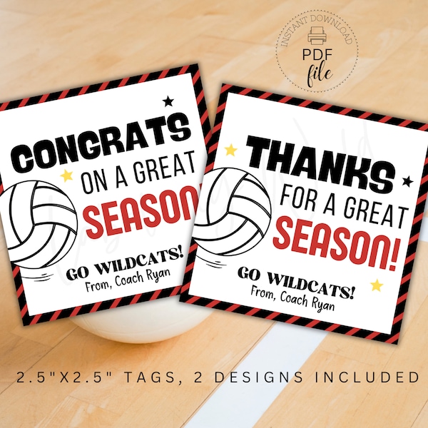 Volleyball End of Season Printable Tags, Personalized Red Congrats/Thanks for a Great Season Tag, Team Treat/Gift Tags, Instant Download PDF