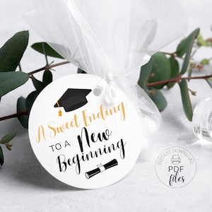 A Sweet Ending to a New Beginning Round Tag/Label, Printable Black & Gold Graduation Party Favor Stickers, Avery size 2&quot;, 2.5&quot;, 3&quot; PDF + JPG