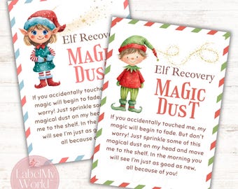 Puede incluir: Dos tarjetas rectangulares con ilustraciones de elfos y el texto Elf Recovery MAGIC DUST. Las tarjetas incluyen instrucciones para restaurar la magia de los elfos, una con borde rojo y azul y la otra con borde rojo y verde.