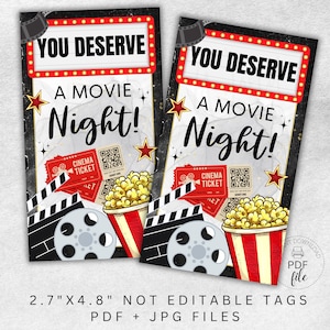 Étiquette imprimable de remerciement pour le film, Vous méritez une étiquette-cadeau pour une soirée cinéma, carte de remerciement enseignant/employé/infirmière 2,7 x 4,8 pouces, fichiers PDF + JPG