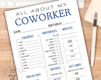 Puede incluir: Una hoja de trabajo PDF imprimible titulada "All About My Coworker" con texto azul. Incluye secciones para favoritos, preferencias y una lista de deseos. Un bolígrafo y un teclado están en el fondo.