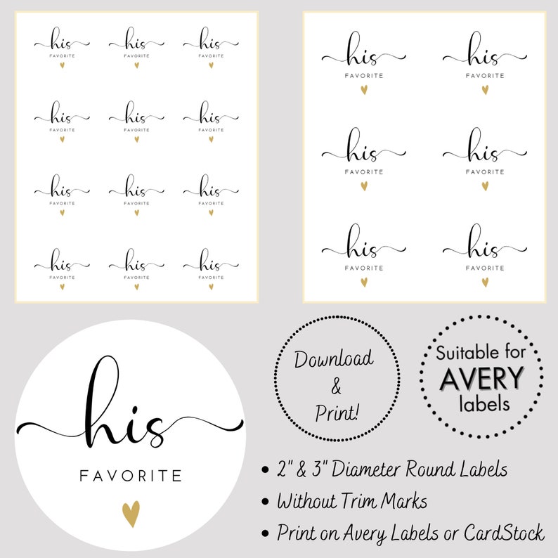 His/Her/Our Favorite Stickers Engagement Favor Labels Round White & Black Wedding Stickers with Gold Heart Instant Download PDF Files 画像 6